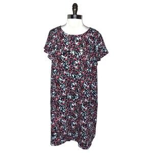 TAHARI Plus Size 1X Shift Dress Black Red White Floral Ruffle Cap Sleeve